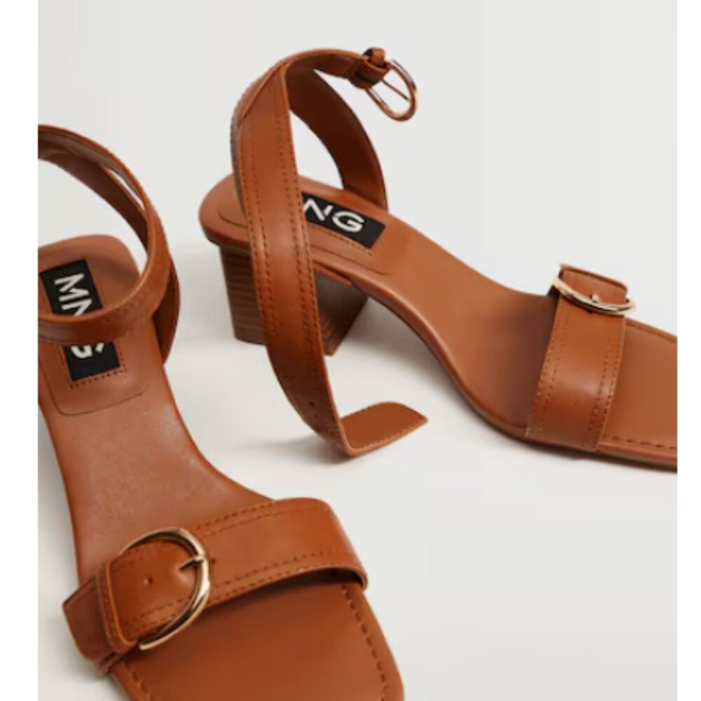 Mango leather heeled sandals 2” heel with gold buckles 6.5